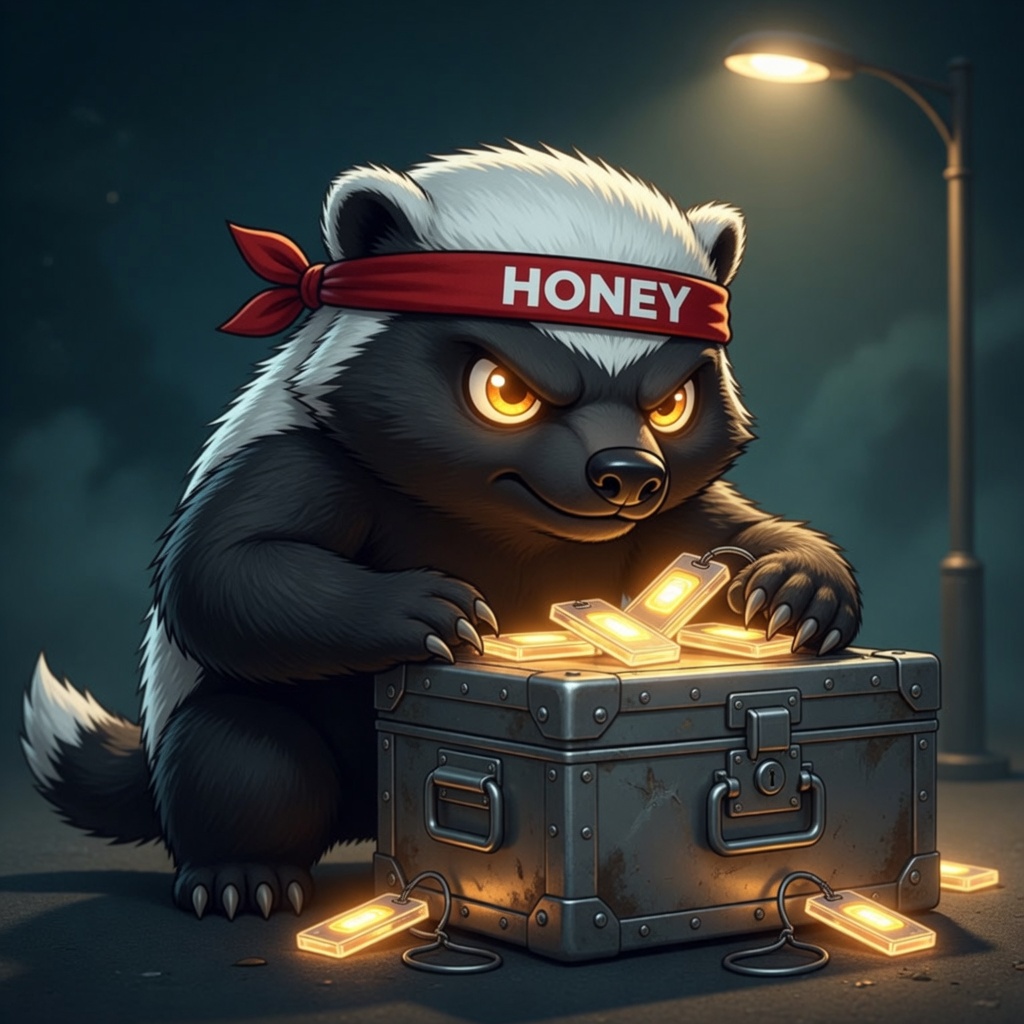 Honey badger guarding recovery keys and a sealed backup box